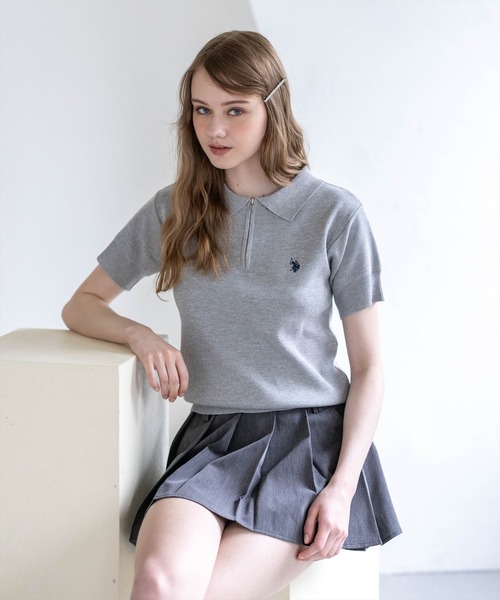 U.S. POLO ASSN.(ユーエスポロアッスン)の「【U.S. POLO ASSN.】clear 別注 ハーフジップ半袖ニットトップス(ニット/セーター・レディース・ブラック/アイボリー/グレー・F)」の14枚目の写真