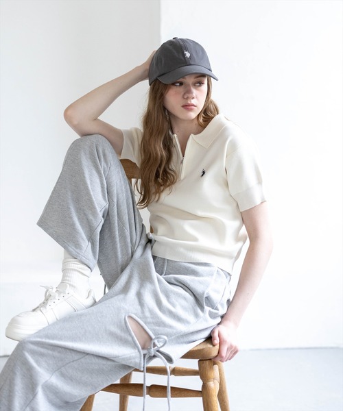 U.S. POLO ASSN.(ユーエスポロアッスン)の「【U.S. POLO ASSN.】clear 別注 ハーフジップ半袖ニットトップス(ニット/セーター・レディース・ブラック/アイボリー/グレー・F)」の5枚目の写真