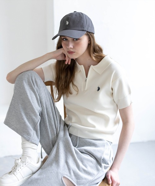 U.S. POLO ASSN.(ユーエスポロアッスン)の「【U.S. POLO ASSN.】clear 別注 ハーフジップ半袖ニットトップス(ニット/セーター・レディース・ブラック/アイボリー/グレー・F)」の6枚目の写真