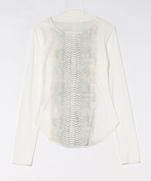 Never mind the XU(ネバーマインドザエックスユー)の「【Never mind the XU】vintage python sheer long sleeve / 【ネバーマインド ザ エックスユー】ビンテージパイソンシアー長袖Tシャツ(Tシャツ/カットソー・レディース・ホワイト/ブラック・M)」の2枚目の写真