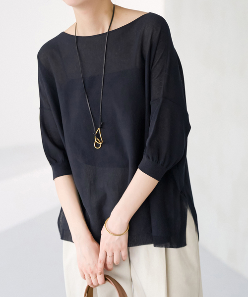 Spick & Span(スピックアンドスパン)の「《WEB限定カラー有り / 追加》ICE FINE 5分袖ボートネックニット(ニット/セーター・レディース・ブラウン/オレンジ/ネイビー/ベージュ・FREE)」の3枚目の写真