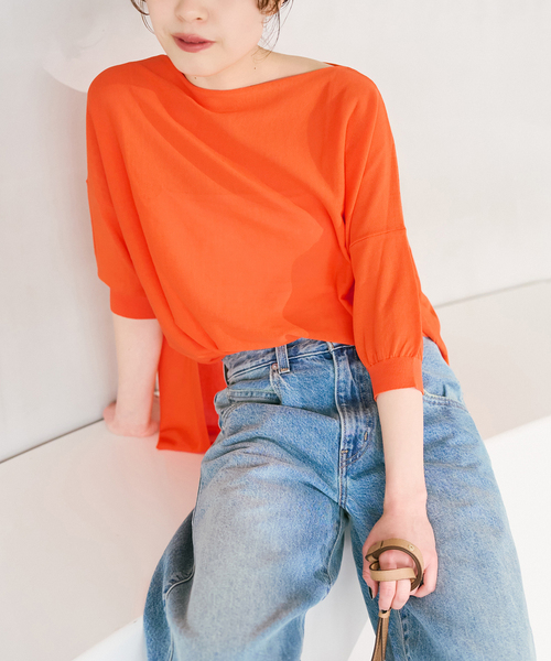 Spick & Span(スピックアンドスパン)の「《WEB限定カラー有り / 追加》ICE FINE 5分袖ボートネックニット(ニット/セーター・レディース・ブラウン/オレンジ/ネイビー/ベージュ・FREE)」の4枚目の写真