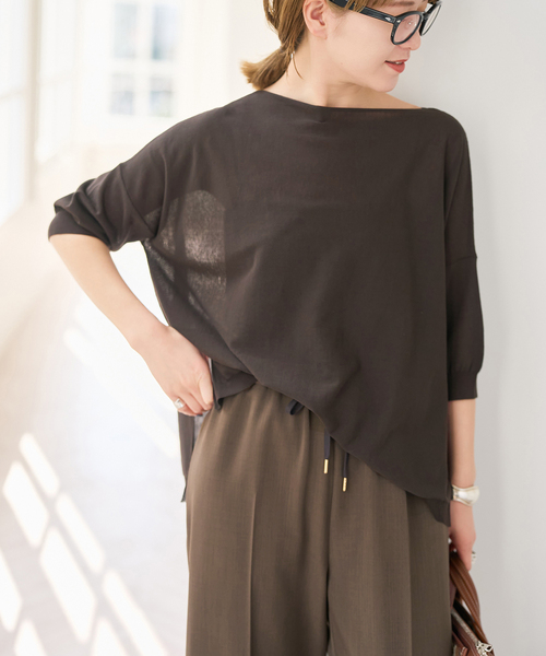 Spick & Span(スピックアンドスパン)の「《WEB限定カラー有り / 追加》ICE FINE 5分袖ボートネックニット(ニット/セーター・レディース・ブラウン/オレンジ/ネイビー/ベージュ・FREE)」の5枚目の写真