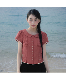 Round Collar Short Sleeve Blouse [Red]