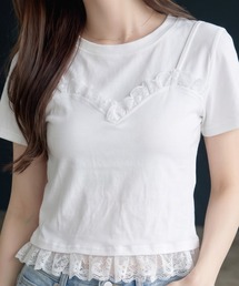 レースTシャツ 半袖 クルーネック ミニレース ギャザー コンパクト ショート丈 チビT ストレッチ フィット タイト きれいめMIX トップス 夏