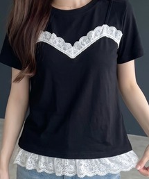 レースTシャツ 半袖 クルーネック ミニレース ギャザー コンパクト ショート丈 チビT ストレッチ フィット タイト きれいめMIX トップス 夏