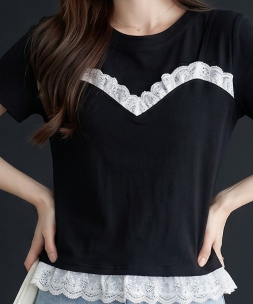 umune(ウムネ)の「レースTシャツ 半袖 クルーネック ミニレース ギャザー コンパクト ショート丈 チビT ストレッチ フィット タイト きれいめMIX トップス 夏(Tシャツ/カットソー・レディース・オフホワイト/ブラック・FREE)」の3枚目の写真