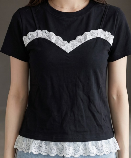 umune(ウムネ)の「レースTシャツ 半袖 クルーネック ミニレース ギャザー コンパクト ショート丈 チビT ストレッチ フィット タイト きれいめMIX トップス 夏(Tシャツ/カットソー・レディース・オフホワイト/ブラック・FREE)」の5枚目の写真