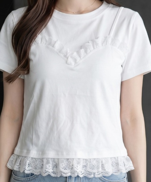 umune(ウムネ)の「レースTシャツ 半袖 クルーネック ミニレース ギャザー コンパクト ショート丈 チビT ストレッチ フィット タイト きれいめMIX トップス 夏(Tシャツ/カットソー・レディース・オフホワイト/ブラック・FREE)」の6枚目の写真