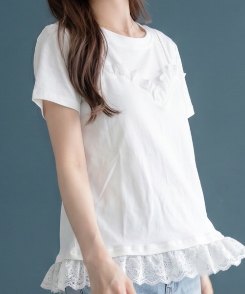 umune(ウムネ)の「レースTシャツ 半袖 クルーネック ミニレース ギャザー コンパクト ショート丈 チビT ストレッチ フィット タイト きれいめMIX トップス 夏(Tシャツ/カットソー・レディース・オフホワイト/ブラック・FREE)」の7枚目の写真