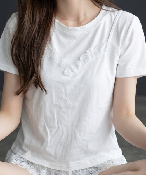 umune(ウムネ)の「レースTシャツ 半袖 クルーネック ミニレース ギャザー コンパクト ショート丈 チビT ストレッチ フィット タイト きれいめMIX トップス 夏(Tシャツ/カットソー・レディース・オフホワイト/ブラック・FREE)」の8枚目の写真