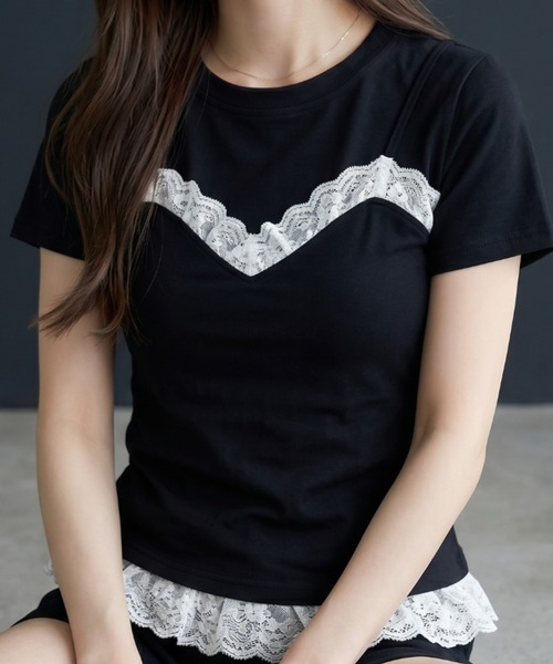 umune(ウムネ)の「レースTシャツ 半袖 クルーネック ミニレース ギャザー コンパクト ショート丈 チビT ストレッチ フィット タイト きれいめMIX トップス 夏(Tシャツ/カットソー・レディース・オフホワイト/ブラック・FREE)」の9枚目の写真