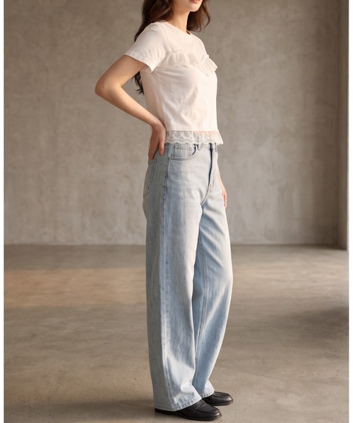umune(ウムネ)の「レースTシャツ 半袖 クルーネック ミニレース ギャザー コンパクト ショート丈 チビT ストレッチ フィット タイト きれいめMIX トップス 夏(Tシャツ/カットソー・レディース・オフホワイト/ブラック・FREE)」の19枚目の写真