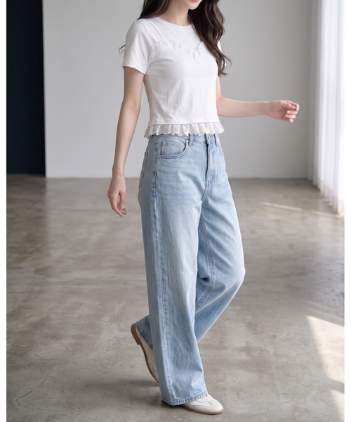 umune(ウムネ)の「レースTシャツ 半袖 クルーネック ミニレース ギャザー コンパクト ショート丈 チビT ストレッチ フィット タイト きれいめMIX トップス 夏(Tシャツ/カットソー・レディース・オフホワイト/ブラック・FREE)」の10枚目の写真