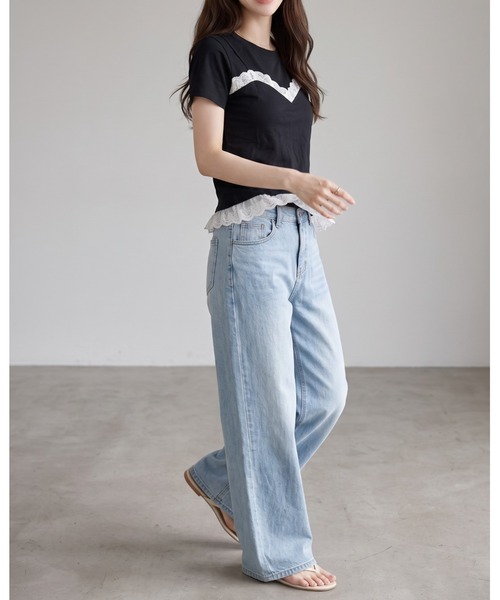 umune(ウムネ)の「レースTシャツ 半袖 クルーネック ミニレース ギャザー コンパクト ショート丈 チビT ストレッチ フィット タイト きれいめMIX トップス 夏(Tシャツ/カットソー・レディース・オフホワイト/ブラック・FREE)」の14枚目の写真
