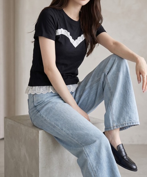 umune(ウムネ)の「レースTシャツ 半袖 クルーネック ミニレース ギャザー コンパクト ショート丈 チビT ストレッチ フィット タイト きれいめMIX トップス 夏(Tシャツ/カットソー・レディース・オフホワイト/ブラック・FREE)」の15枚目の写真