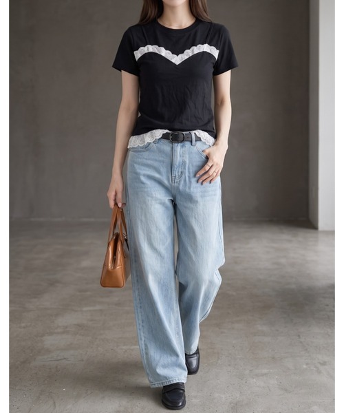 umune(ウムネ)の「レースTシャツ 半袖 クルーネック ミニレース ギャザー コンパクト ショート丈 チビT ストレッチ フィット タイト きれいめMIX トップス 夏(Tシャツ/カットソー・レディース・オフホワイト/ブラック・FREE)」の16枚目の写真