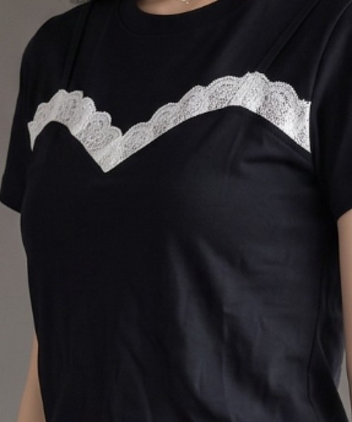 umune(ウムネ)の「レースTシャツ 半袖 クルーネック ミニレース ギャザー コンパクト ショート丈 チビT ストレッチ フィット タイト きれいめMIX トップス 夏(Tシャツ/カットソー・レディース・オフホワイト/ブラック・FREE)」の17枚目の写真