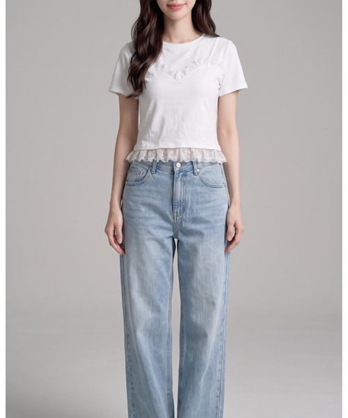 umune(ウムネ)の「レースTシャツ 半袖 クルーネック ミニレース ギャザー コンパクト ショート丈 チビT ストレッチ フィット タイト きれいめMIX トップス 夏(Tシャツ/カットソー・レディース・オフホワイト/ブラック・FREE)」の11枚目の写真