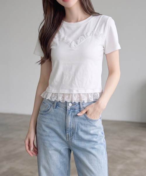 umune(ウムネ)の「レースTシャツ 半袖 クルーネック ミニレース ギャザー コンパクト ショート丈 チビT ストレッチ フィット タイト きれいめMIX トップス 夏(Tシャツ/カットソー・レディース・オフホワイト/ブラック・FREE)」の12枚目の写真