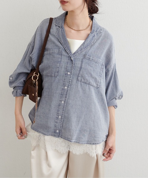 LARUTA（ラルータ）の「【LARUTA】ケミカル加工開襟デニムシャツ（シャツ/ブラウス・レディース・サックスブルー/ブルー・FREE）」の3枚目の写真