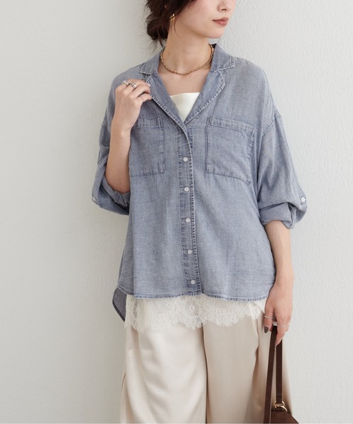 LARUTA（ラルータ）の「【LARUTA】ケミカル加工開襟デニムシャツ（シャツ/ブラウス・レディース・サックスブルー/ブルー・FREE）」の5枚目の写真