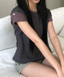 配色ボーダー ロールアップ半袖Tシャツ