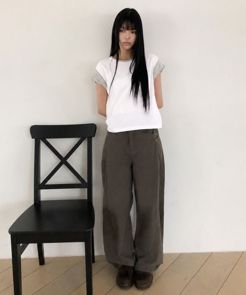 VIVID LADY（ビビッドレディー）の「配色ボーダー ロールアップ半袖Tシャツ（Tシャツ/カットソー・レディース・チャコールグレー/ホワイト・FREE）」の20枚目の写真