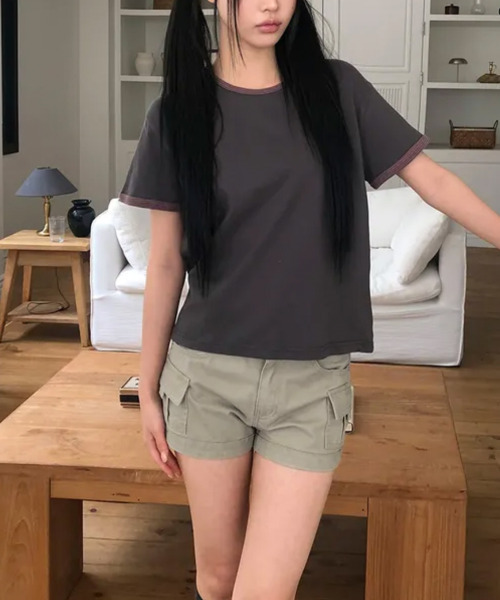 VIVID LADY（ビビッドレディー）の「配色ボーダー ロールアップ半袖Tシャツ（Tシャツ/カットソー・レディース・チャコールグレー/ホワイト・FREE）」の22枚目の写真