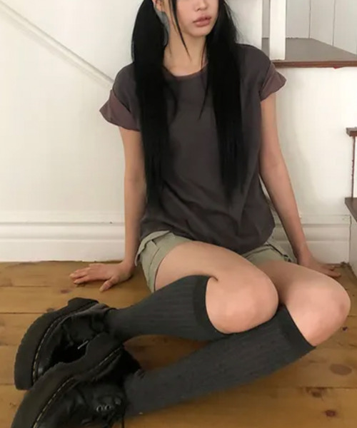 VIVID LADY（ビビッドレディー）の「配色ボーダー ロールアップ半袖Tシャツ（Tシャツ/カットソー・レディース・チャコールグレー/ホワイト・FREE）」の14枚目の写真
