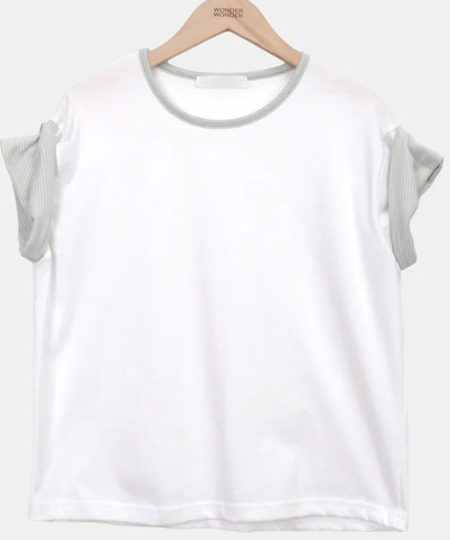 VIVID LADY（ビビッドレディー）の「配色ボーダー ロールアップ半袖Tシャツ（Tシャツ/カットソー・レディース・チャコールグレー/ホワイト・FREE）」の12枚目の写真