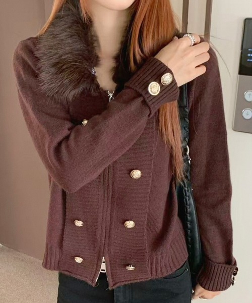 Sibra(シブラ)の「【8色展開】ファーカラーナポレオン金ボタンジップニットカーディガン(カーディガン/ボレロ・レディース・ネイビー/ブラウン/グレー/ベージュ/モカ/アイボリー/ライトグレー/ブラック・M)」の17枚目の写真