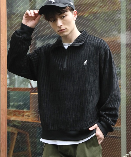 KANGOL(カンゴール)の「【KANGOL/カンゴール】別注 ロゴ刺繍 モールジャガードニットソー ハーフジッププルオーバー(ニット/セーター・メンズ・ホワイト/チャコールグレー/ブラック・M/L/XL)」の2枚目の写真