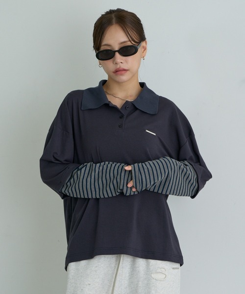 RAY CASSIN(レイカズン)の「ルーズレイヤードポロTシャツ(Tシャツ/カットソー・レディース・チャコールグレー/ブラウン/ブラウン系その他2/グレー系その他2/ネイビー・FREE)」の5枚目の写真