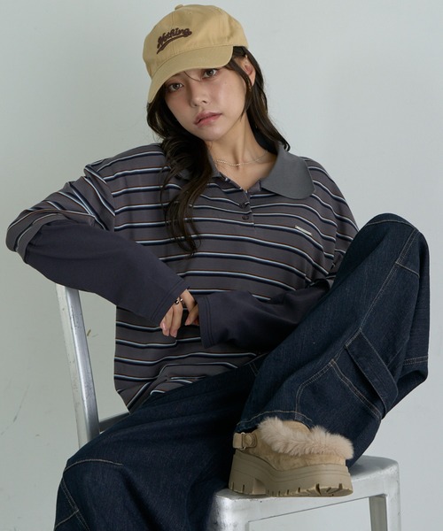 RAY CASSIN(レイカズン)の「ルーズレイヤードポロTシャツ(Tシャツ/カットソー・レディース・チャコールグレー/ブラウン/ブラウン系その他2/グレー系その他2/ネイビー・FREE)」の1枚目の写真