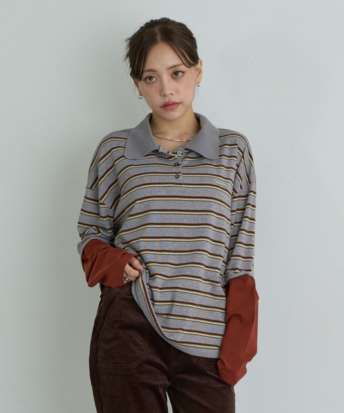 RAY CASSIN(レイカズン)の「ルーズレイヤードポロTシャツ(Tシャツ/カットソー・レディース・チャコールグレー/ブラウン/ブラウン系その他2/グレー系その他2/ネイビー・FREE)」の2枚目の写真