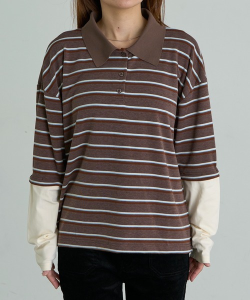 RAY CASSIN(レイカズン)の「ルーズレイヤードポロTシャツ(Tシャツ/カットソー・レディース・チャコールグレー/ブラウン/ブラウン系その他2/グレー系その他2/ネイビー・FREE)」の6枚目の写真