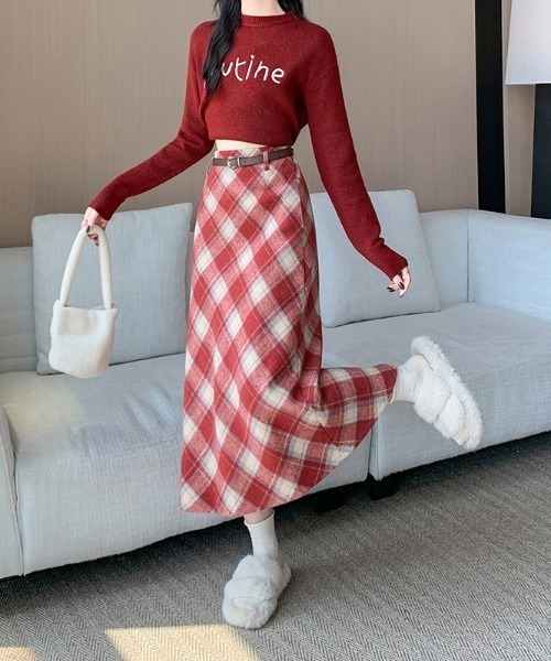 LUCPY（ラクピー）の「ベルト付き チェック柄ロングスカート（スカート・レディース・ブラック/グレー/レッド・SMALL/MEDIUM/LARGE/X-LARGE）」の3枚目の写真