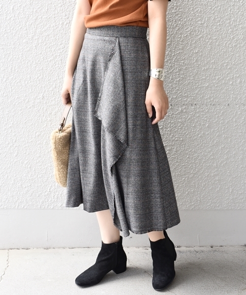 Khaju（カージュ）の「Khaju:グレンチェックラップスカート（スカート・レディース・グレー/ブラウン・ONE SIZE）」の2枚目の写真