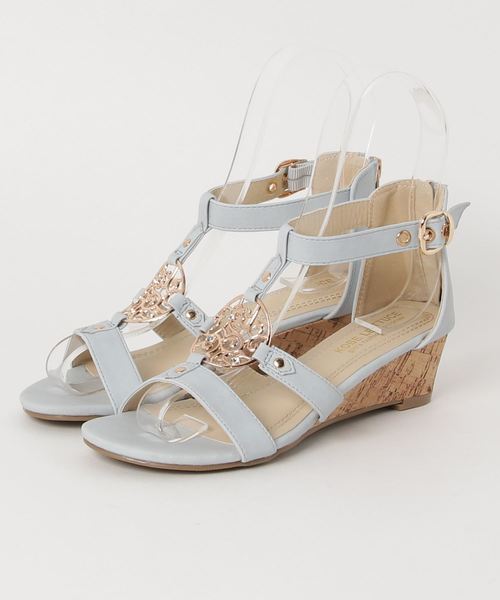 KOBE LETTUCE(コウベレタス)の「4.5cmコルク風ウェッジソールバックZipストーン付GOLDパーツサンダル(サンダル・レディース・ベージュ系その他/レッド系その他/パイソン/ベージュ/グレー/オフホワイト/サックスブルー/ピンク/その他2/ブラック・L/LL/M/S)」の6枚目の写真