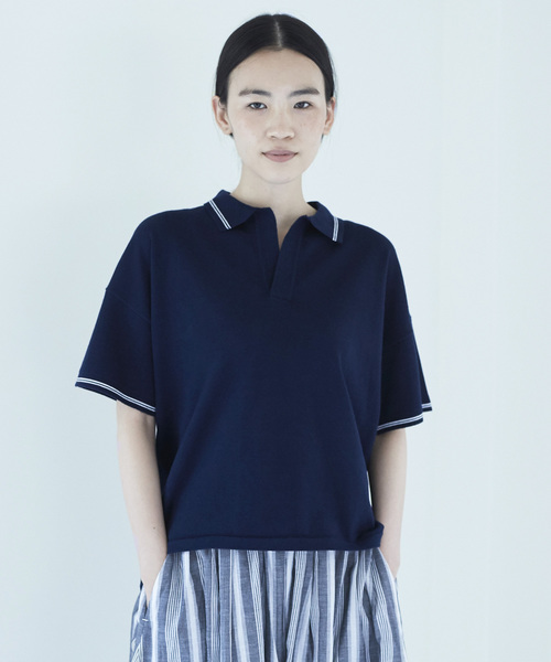 AMERICAN HOLIC（アメリカンホリック）の「・半袖スキッパー（ニット/セーター・レディース・ネイビー/オフホワイト・FREE）」の2枚目の写真