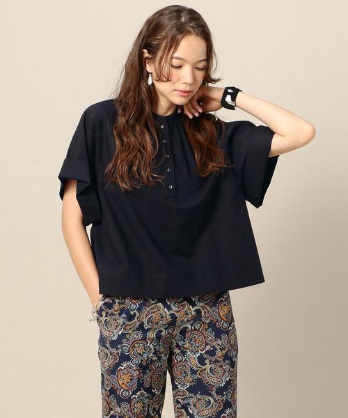 ユナイテッドアローズ ノーカラースキッパーショートスリーブブラウス ネイビー UNITED ARROWS（ユナイテッドアローズ）の「ノーカラー