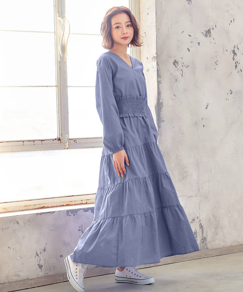 KOBE LETTUCE（コウベレタス）の「シャーリングベルト付き3wayカシュクールティアードマキシワンピース（ワンピース・レディース・ブラック/パープル/オフホワイト/ブルー/ライトカーキ・FREE）」の9枚目の写真