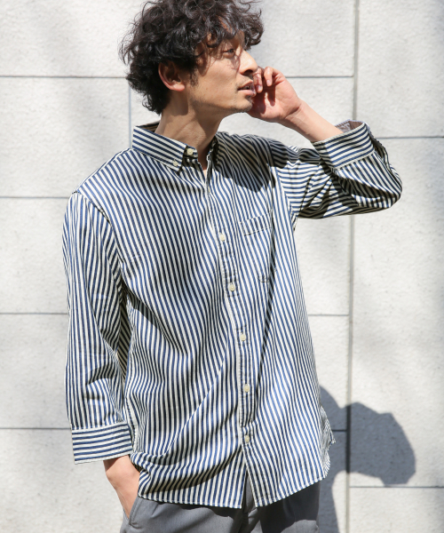 GLOBAL WORK（グローバルワーク）の「デニムシャツ7分袖/827167（シャツ/ブラウス・メンズ・ネイビー/スカイブルー/ブルー系その他4・MEDIUM/X-LARGE/LARGE/SMALL）」の2枚目の写真