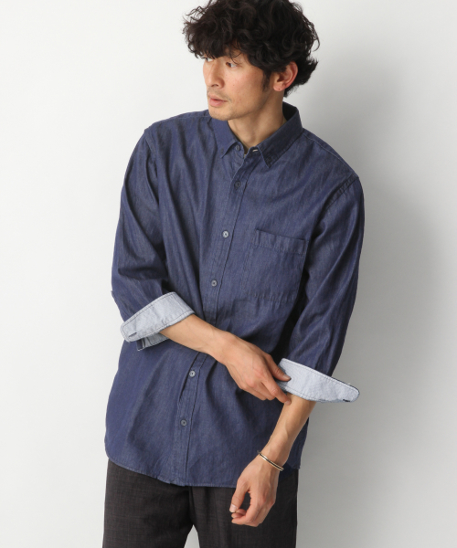 GLOBAL WORK（グローバルワーク）の「デニムシャツ7分袖/827167（シャツ/ブラウス・メンズ・ネイビー/スカイブルー/ブルー系その他4・MEDIUM/X-LARGE/LARGE/SMALL）」の13枚目の写真