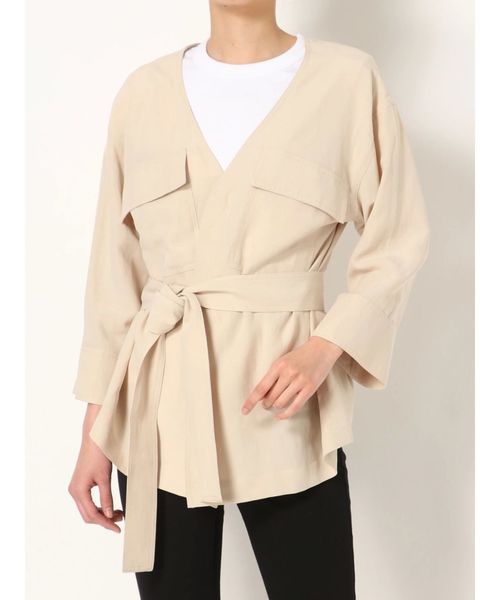 ベルテッドノーカラーシャツジャケット