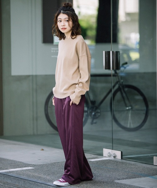 Munich(ミューニック)の「ハイテンションサーキュラーリブ ラウンドネックプルオーバー(セットアップ可)(Tシャツ/カットソー・レディース・ベージュ/ダークグレー/スモークピンク・FREE)」の15枚目の写真