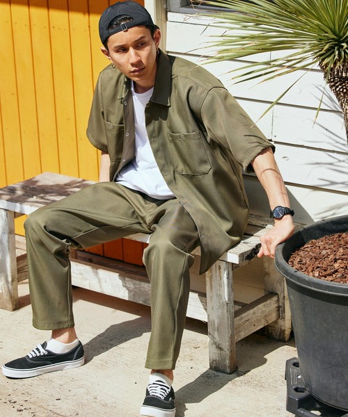 BARK MANHATTAN（バークマンハッタン）の「【セットアップ】スタプレオーバーサイズ半袖ワークシャツ レギュラカラー＆ワイドテーパードイージーパンツ（セットアップ・メンズ・ベージュ/ベージュ系その他/ブラック/カーキ/ネイビー/ブルー系その他/ブラウン・M/L）」の6枚目の写真