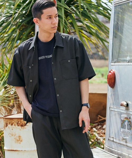 BARK MANHATTAN（バークマンハッタン）の「【セットアップ】スタプレオーバーサイズ半袖ワークシャツ レギュラカラー＆ワイドテーパードイージーパンツ（セットアップ・メンズ・ベージュ/ベージュ系その他/ブラック/カーキ/ネイビー/ブルー系その他/ブラウン・M/L）」の2枚目の写真