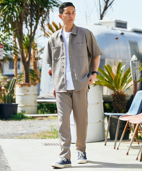 BARK MANHATTAN（バークマンハッタン）の「【セットアップ】スタプレオーバーサイズ半袖ワークシャツ レギュラカラー＆ワイドテーパードイージーパンツ（セットアップ・メンズ・ベージュ/ベージュ系その他/ブラック/カーキ/ネイビー/ブルー系その他/ブラウン・M/L）」の21枚目の写真